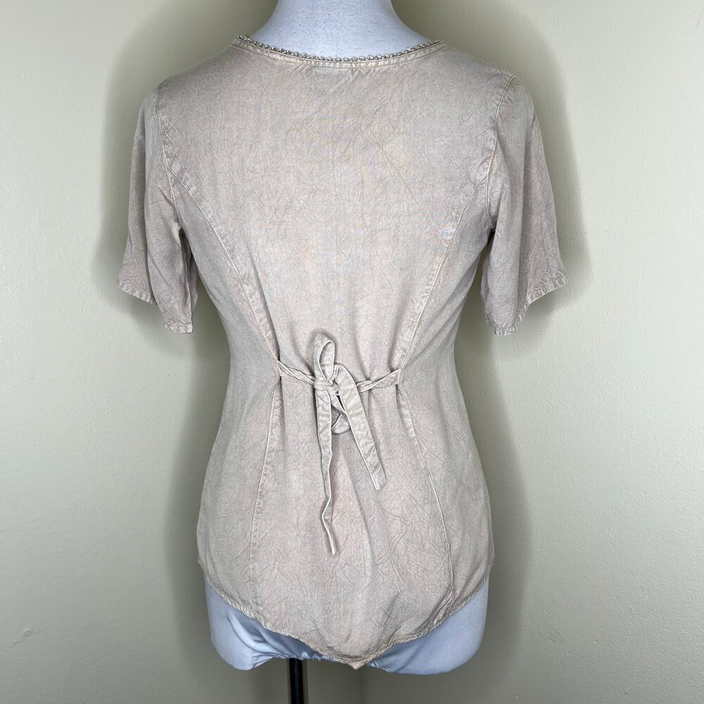 My Choice Top Small Acid Wash Tie Back Embroidered India Boho Rayon Cottage - Picture 3 of 7